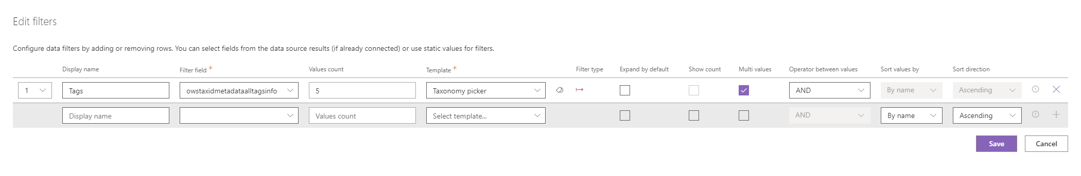 "Filter settings panel"